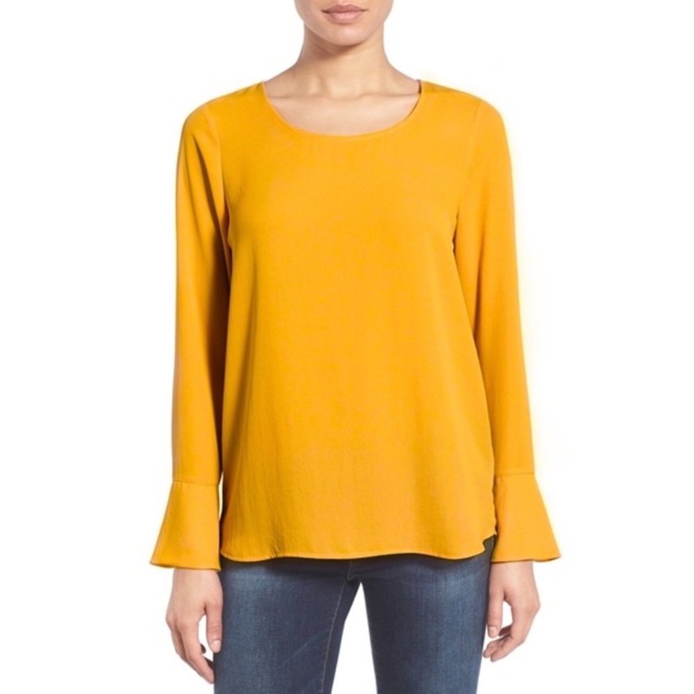 PLEIONE Yellow Bell Cuff High Low Blouse Top‎ Small